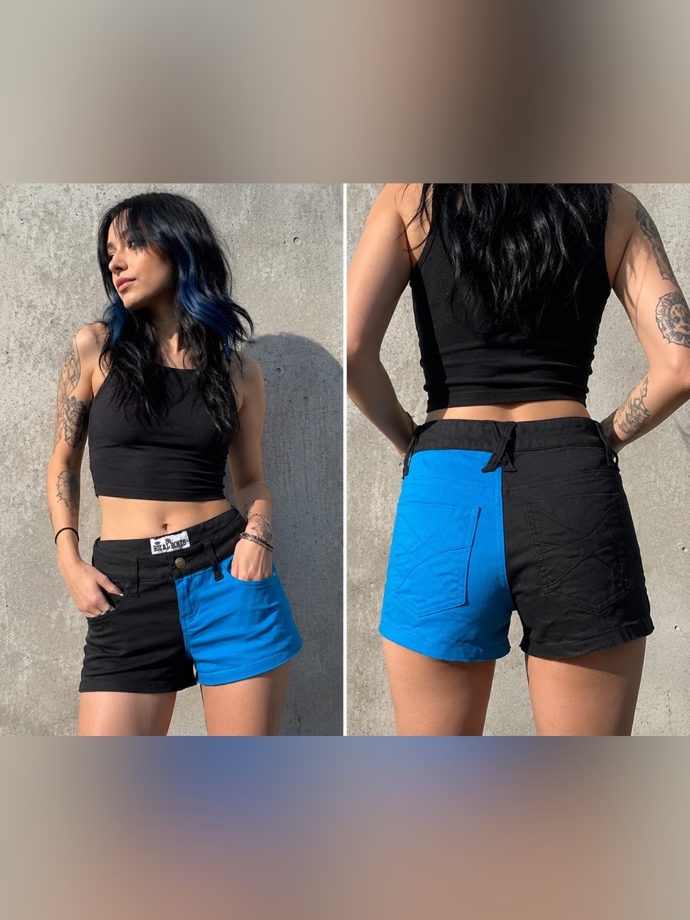 Royal Bones Black & Blue Colorblock Shorts | Size 3 | Edgy Alternative Style